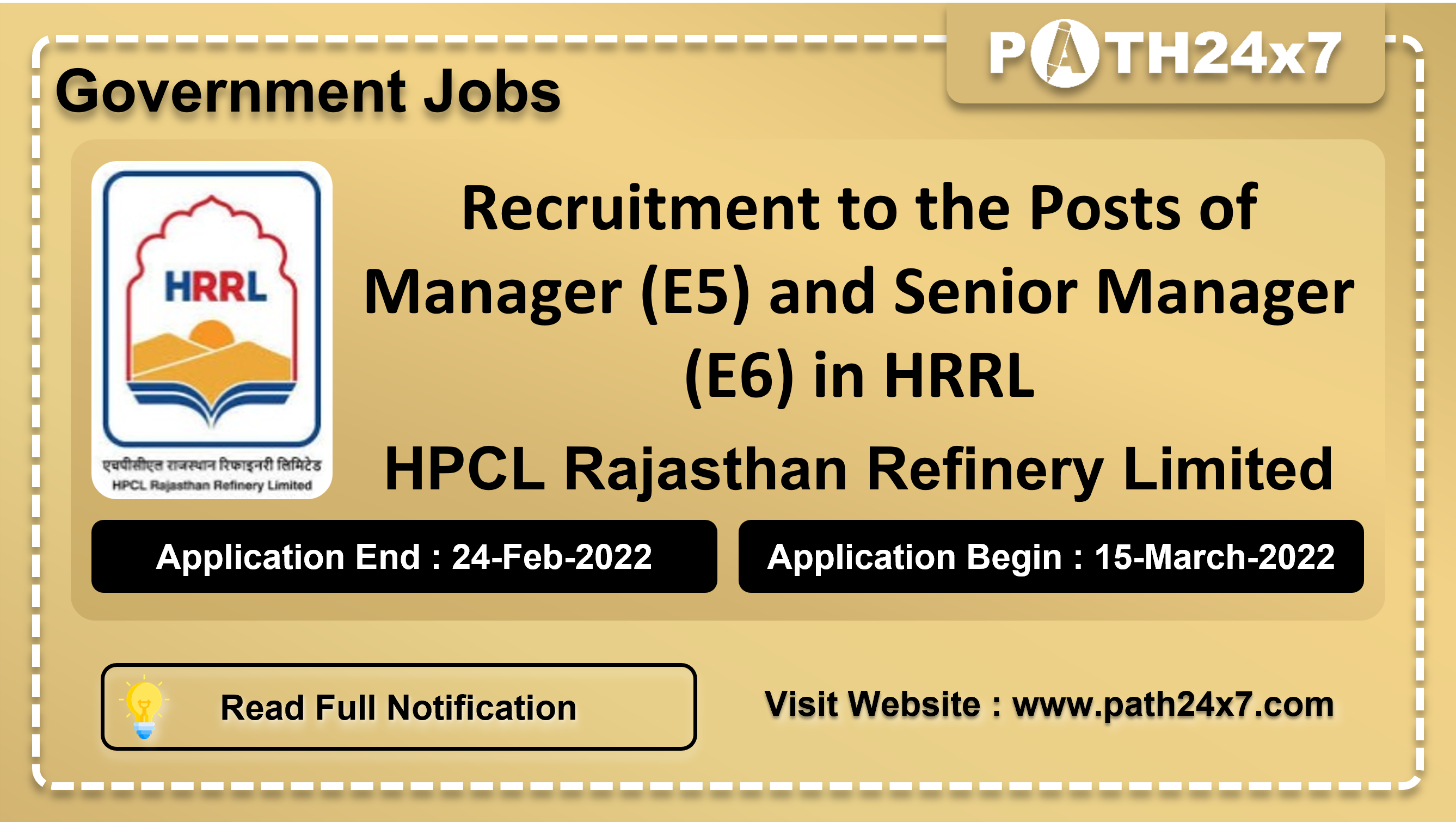 Recruitment to the Posts of Manager (E5) and Senior Manager (E6) in HRRL, No. of Vacancies - 46, Important Dates, Application Fees, Age Limit, Educational Criteria, Physical Criteria, Vacancy Details, How to Apply By Online | HPCL Rajasthan Refinery Limited